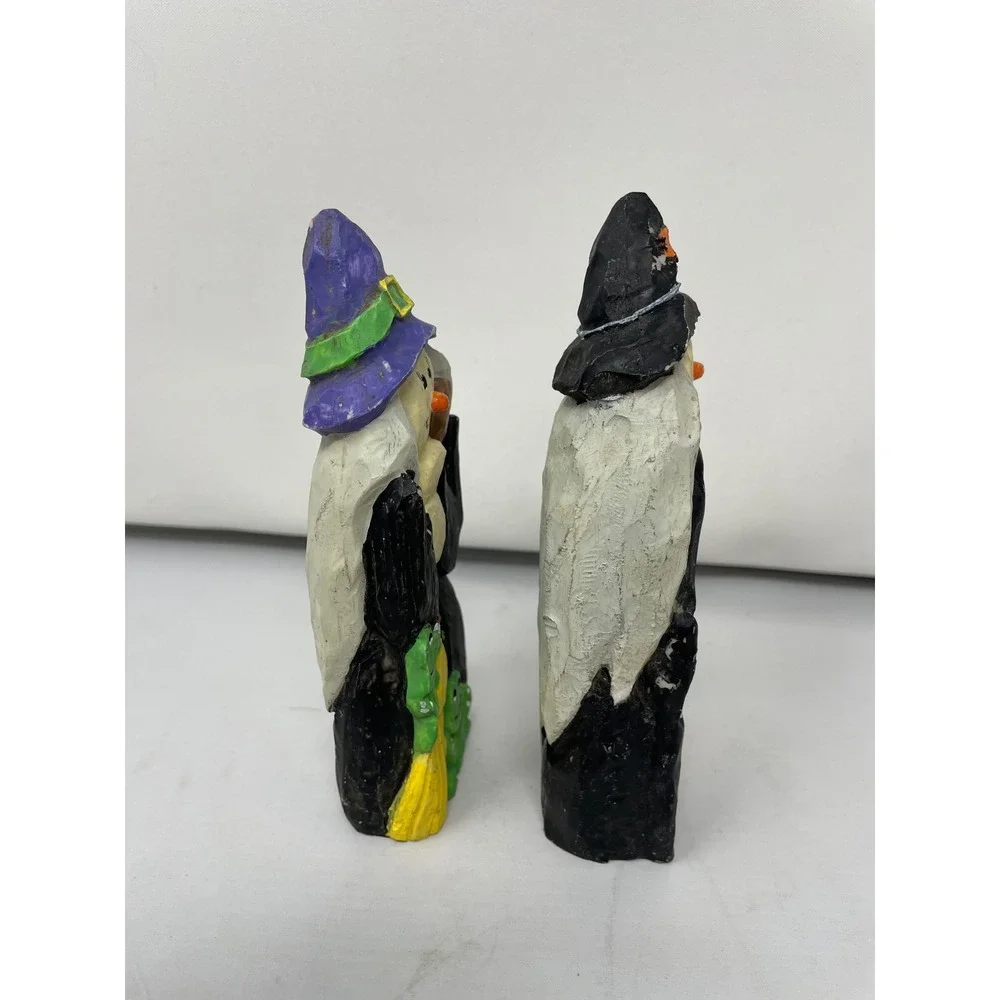 Hermitage pottery Halloween Decor Witch Figurines w/‎ Frog Cat Broom - Set of 2